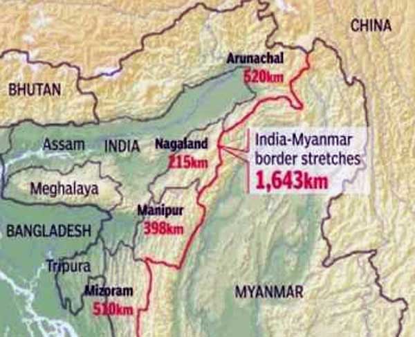 Map of the four states sharing India's 1,643-kilometre-long border with Myanmar